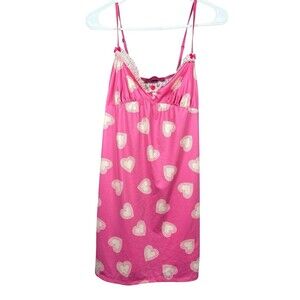 Betsey Johnson Intimates Babydoll Slip Dress M Pink Heart Lace Y2K Vintage 00s